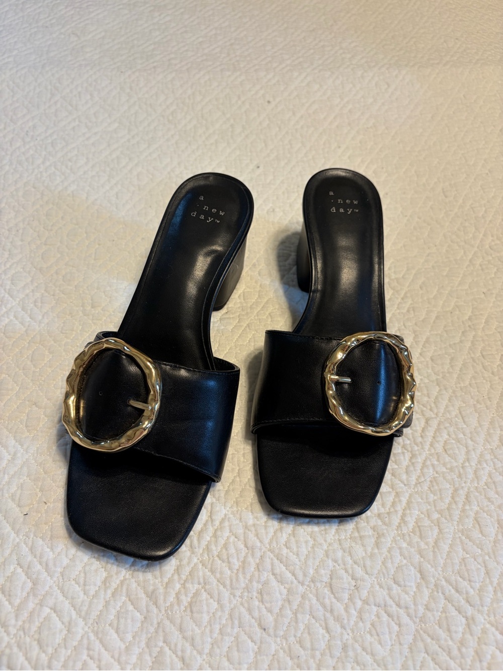 a new day Black Slide Mules with Gold Statement Buckles